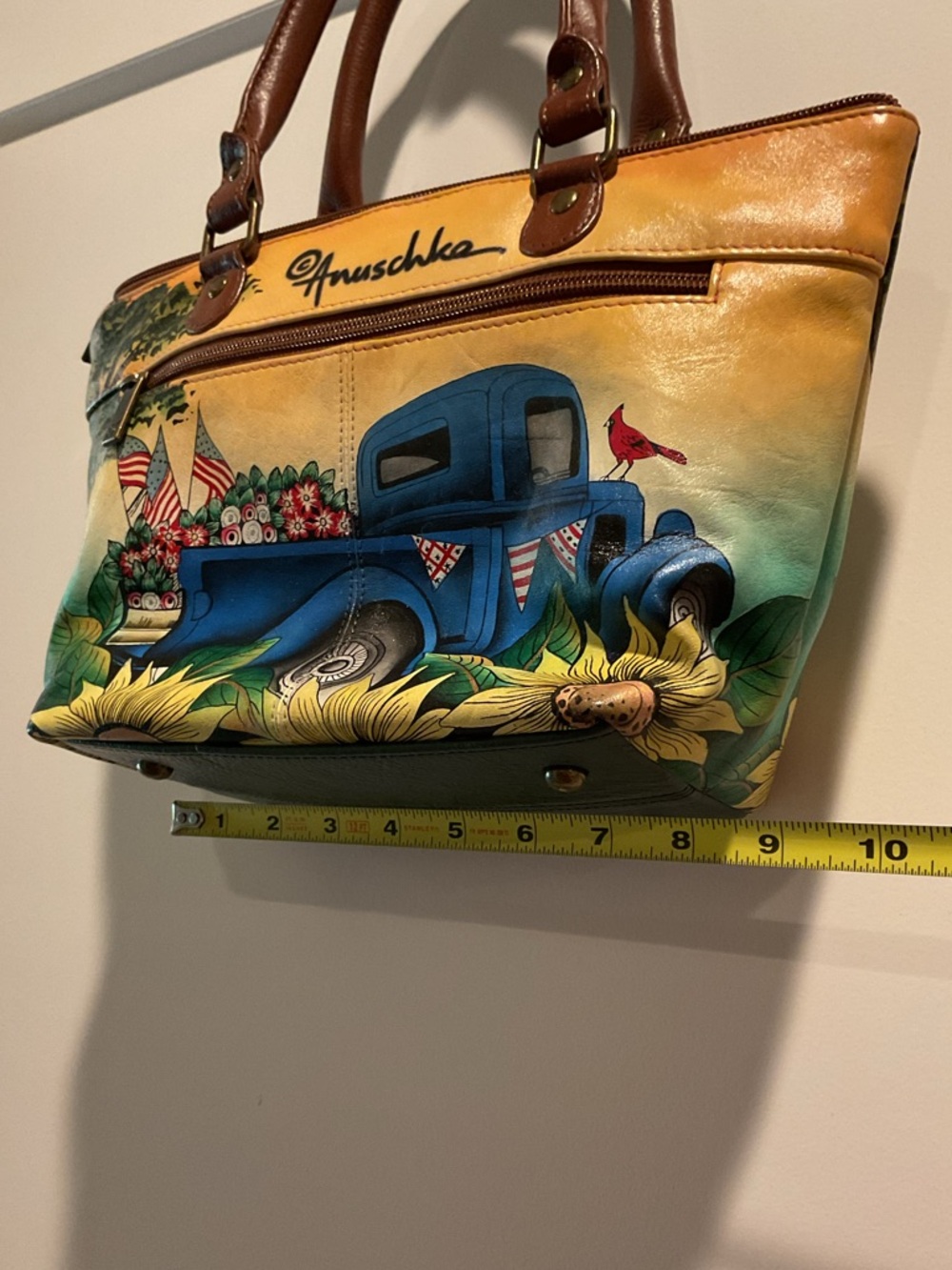 ANUSCHKA Blue Truck Barn Hand-Painted Leather Purse Handbag - Picture 9 of 15